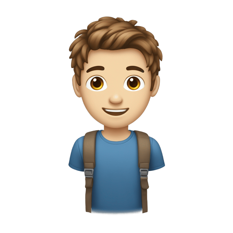 genmoji: Un jeune homme de 15 ans blanc avec cheveux bruns foncés mi long vers l'avant jusqu'au sourcil . Coupe middle part plus longe. Couleur pull bleu . Yeux bruns sourire où l'on voit ces dents. Plan contre-plongé s'arrêtant à la moitié du ventre. ll tourne légèrement sa tête vers la droite