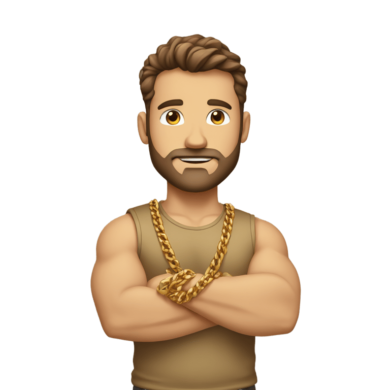 genmoji: strong white man, brown hair, arms crossed, gold shirt, multiple gold chains, stubble