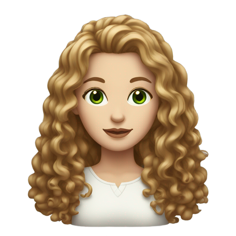 genmoji : Femme blanche aux yeux verts et aux longs cheveux bruns bouclés
