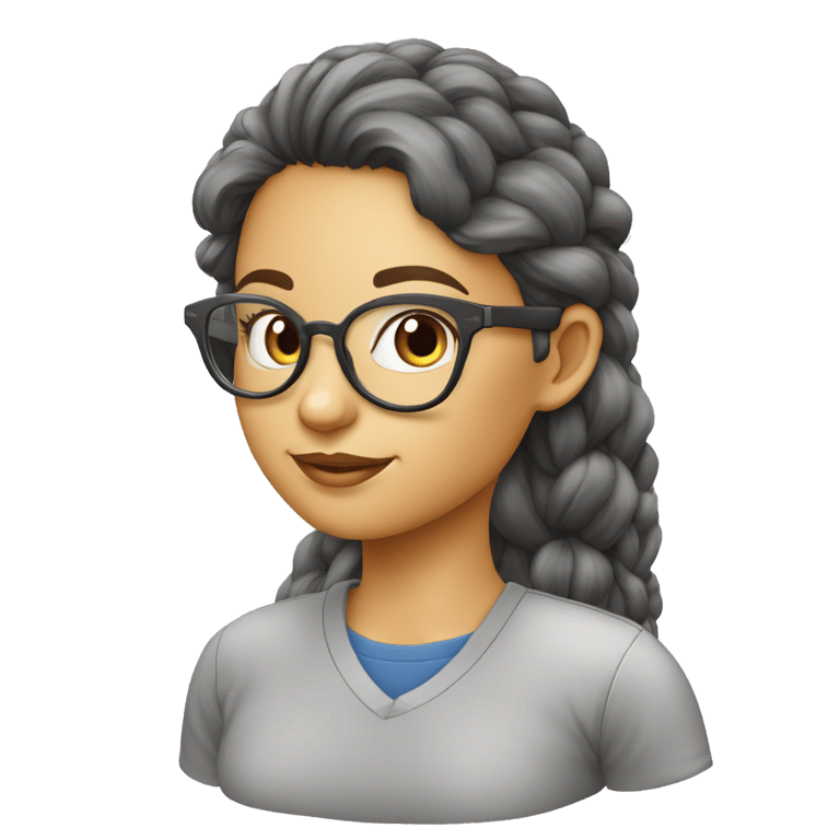 genmoji: uma menina de cabelo escuro liso, oculos de leitura redondos, usando uma camiseta polo cinza claro