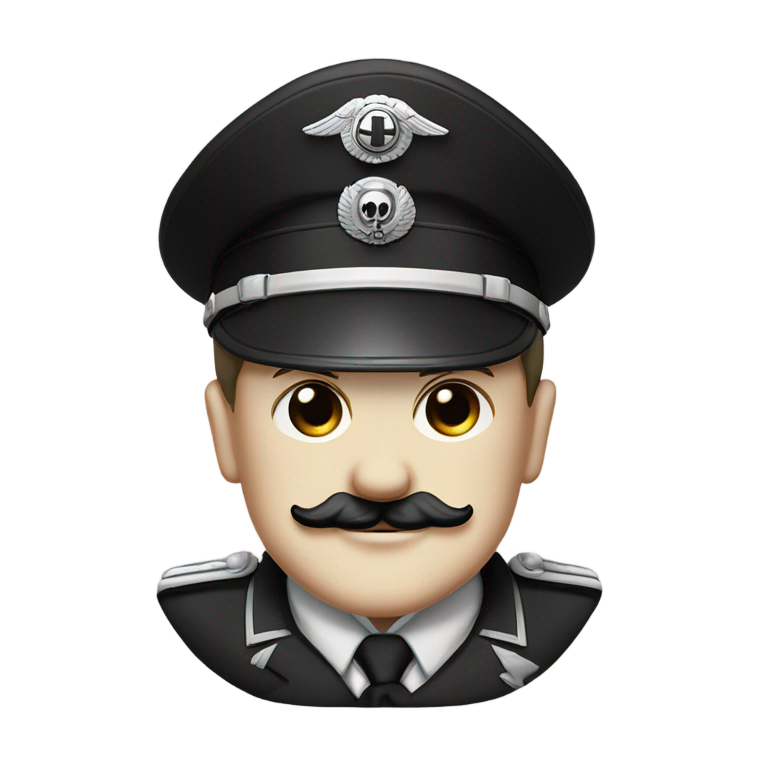 genmoji: hitler, in ss uniform, skull head symbol on hat, square mustache under nose only, smiling creepy