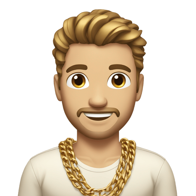 genmoji: strong white man, brown hair, gold shirt, multiple gold chains, gold wrist bands, stubble with no mustache