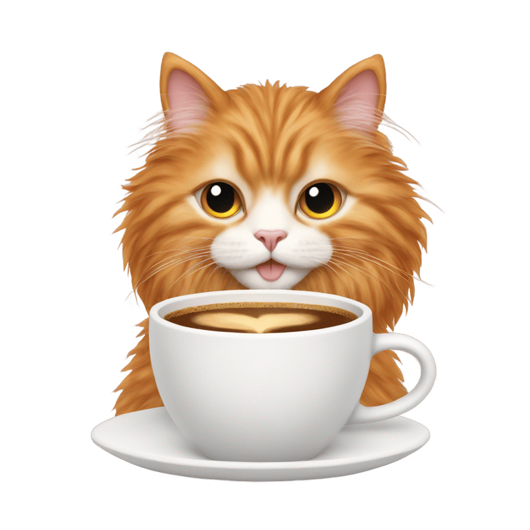 genmoji：A ginger angora cat with heart-shaped eyes holding a cup of coffee.