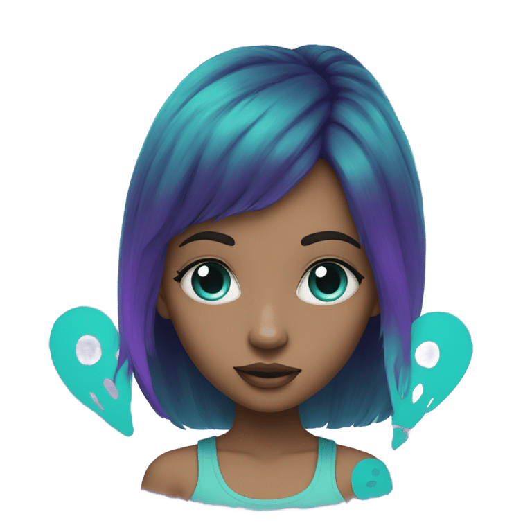 genmoji : Girl with peace sign eyes and a teal and purple short