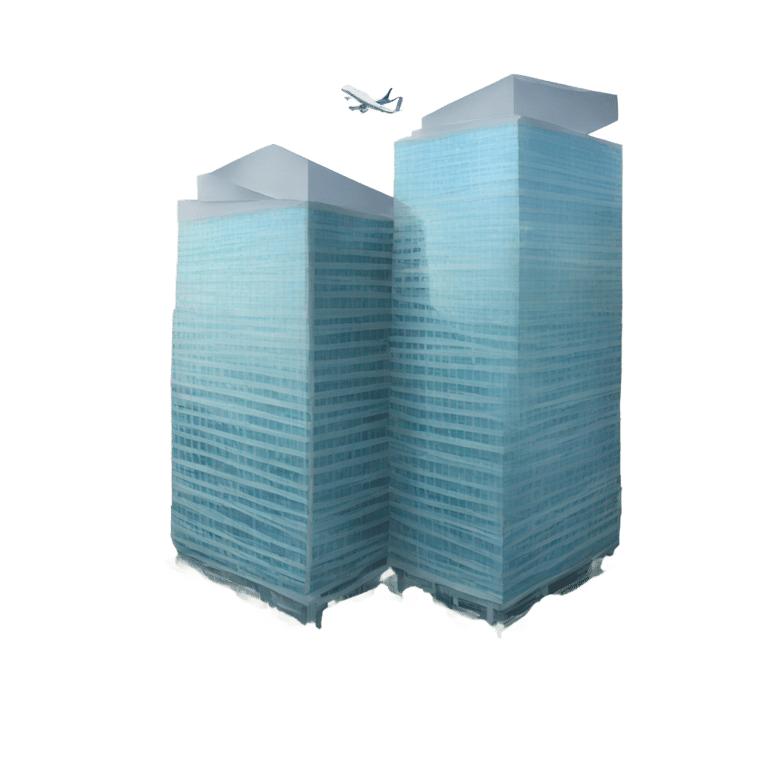 genmoji : Two big big office buildings with an airplane flying into them