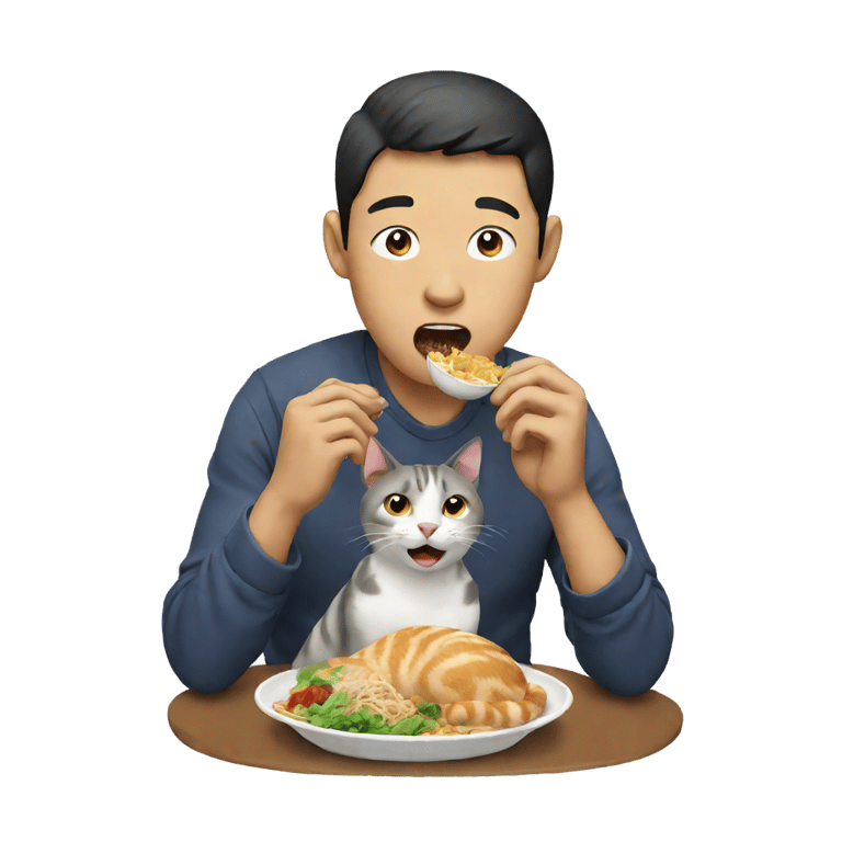 genmoji: an asian man eating a cat