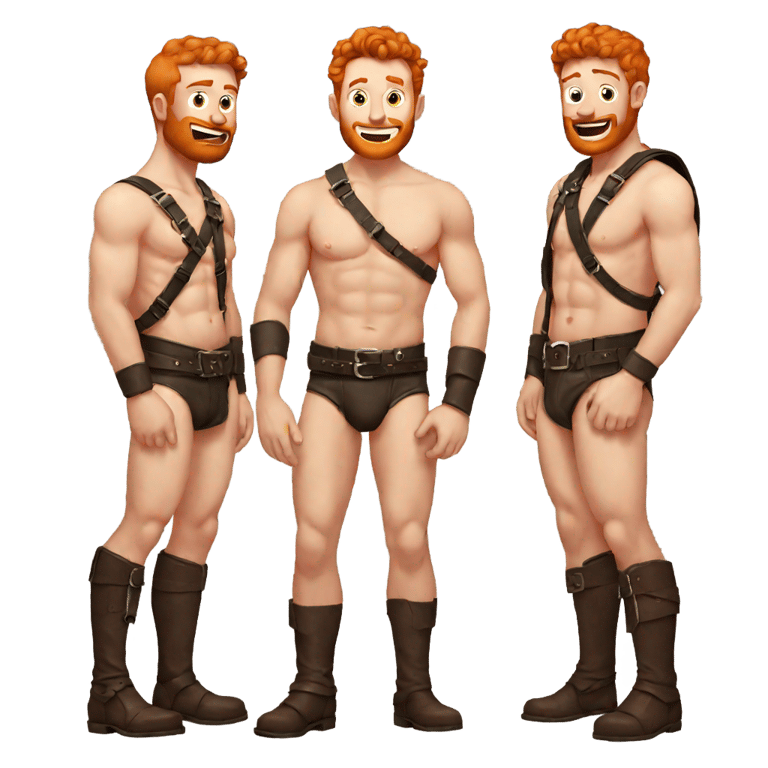 絵文字：shirtless ginger guy wearing red undies and leather chest harness, with second guy touching his chest