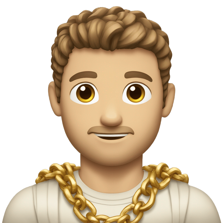 genmoji: brown haired strong Caucasian male, No beard, a gold shirt, multiple gold chains, gold wrist bands, arms crossed