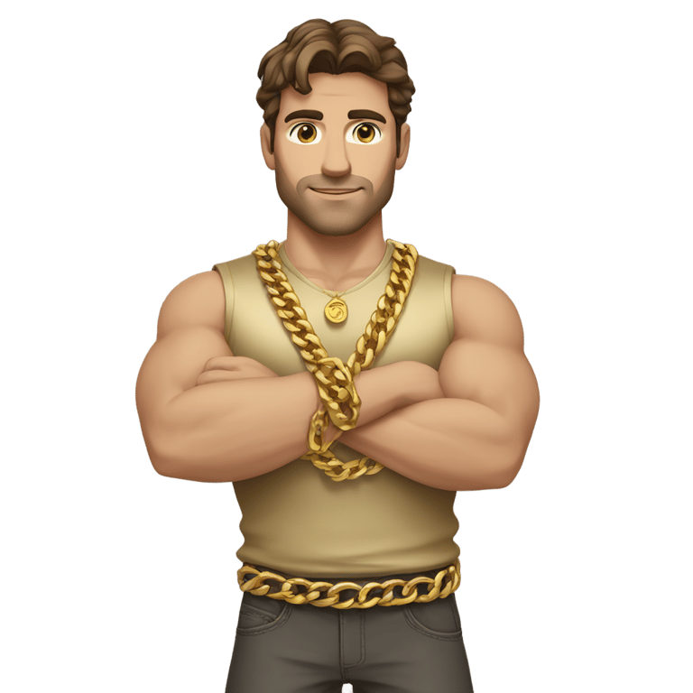 genmoji: brown hair strong Caucasian male, a gold shirt, multiple gold chains, gold wrist bands, arms crossed