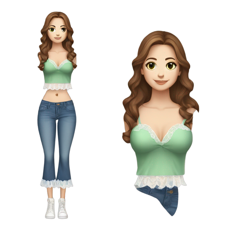genmoji : Femme blanche aux yeux verts et aux cheveux longs et bruns en couches, silhouette complète, poitrine moyenne, portant un crop top blanc en dentelle et froufrou et un jean à jambes larges.