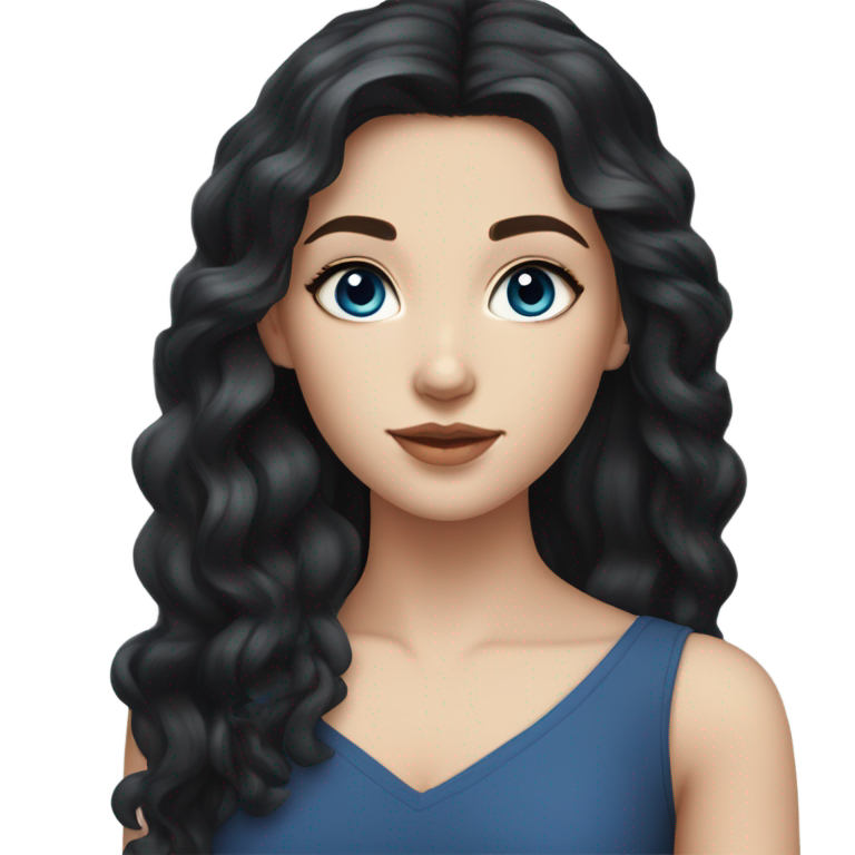 genmoji: caucasian girl with fair skin, black long voluminous hair and dark blue eyes, natural makeup