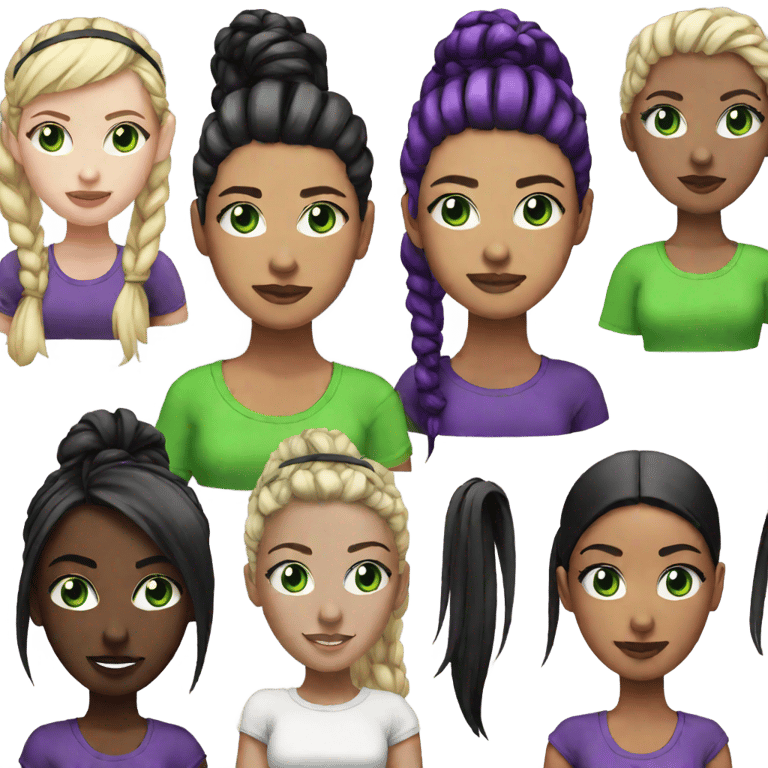 絵文字：pale girl, bright green eyes, black ponytail with red and green streaks, spiked hairband, purple t-shirt dress with a black and white woman design on it