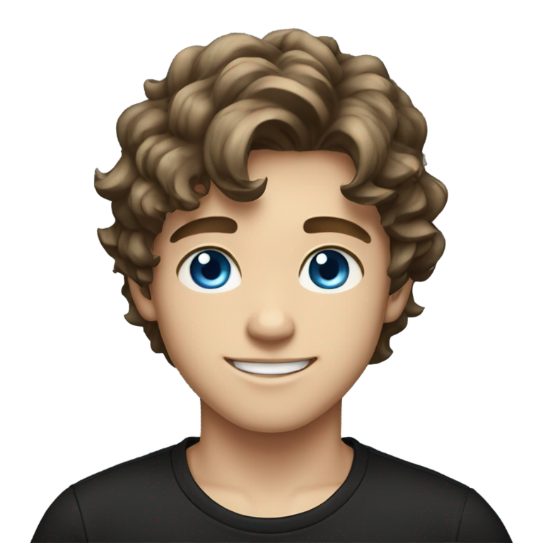 genmoji: Handsome teen boy with blue eyes, wavy hair with a middle parting, wearing black shirt