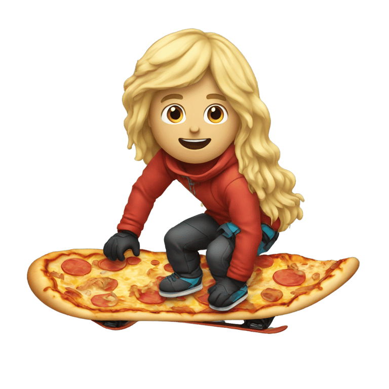 絵文字：Long hair blond man snowboarding with pizza