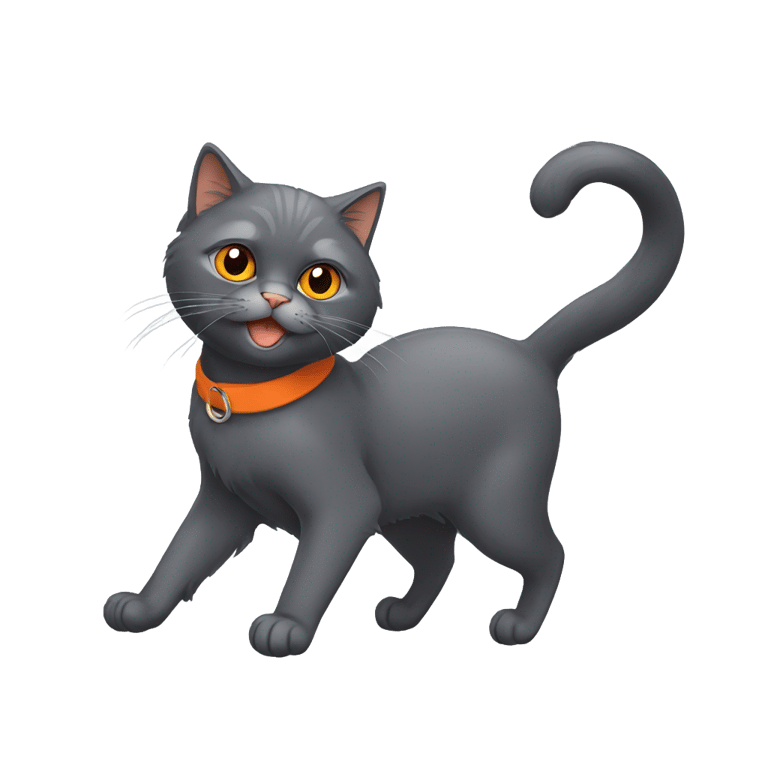 genmoji: persian dark gray cat with bright orange eyes doing stretches