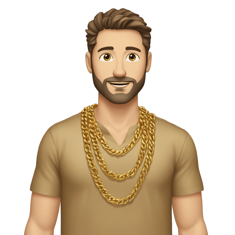 genmoji: Caucasian man, brown hair, brown eyes, gold shirt, multiple gold chains, gold wrist bands, minimal beard