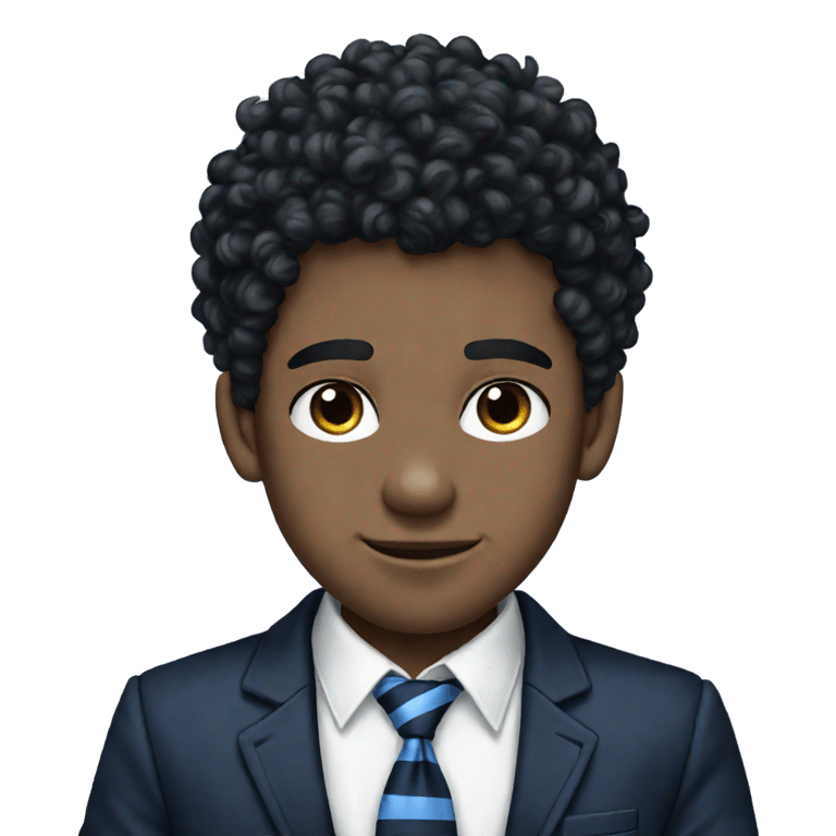 genmoji: Caucasian blue eyed black haired british teen guy with a blue striped tie white shirt and black blazer with a navy blue "T" on the pocket and fluffy curly hair big ears and bushy eyebrows