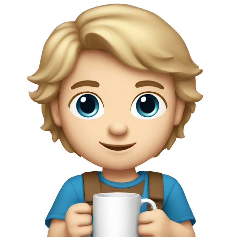 genmoji: A 2 year old Caucasian boy with bright blue eyes holding a mug. he has light brown full but whispy straight hair.