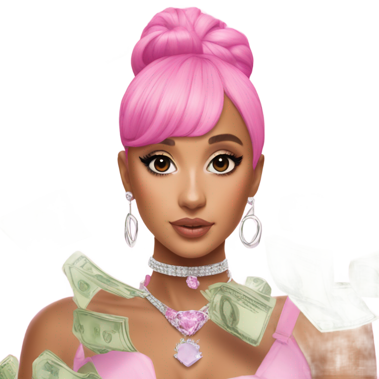 genmoji : Ariana Grande in 7 Rings pink style short hair floating diamonds and money around her
