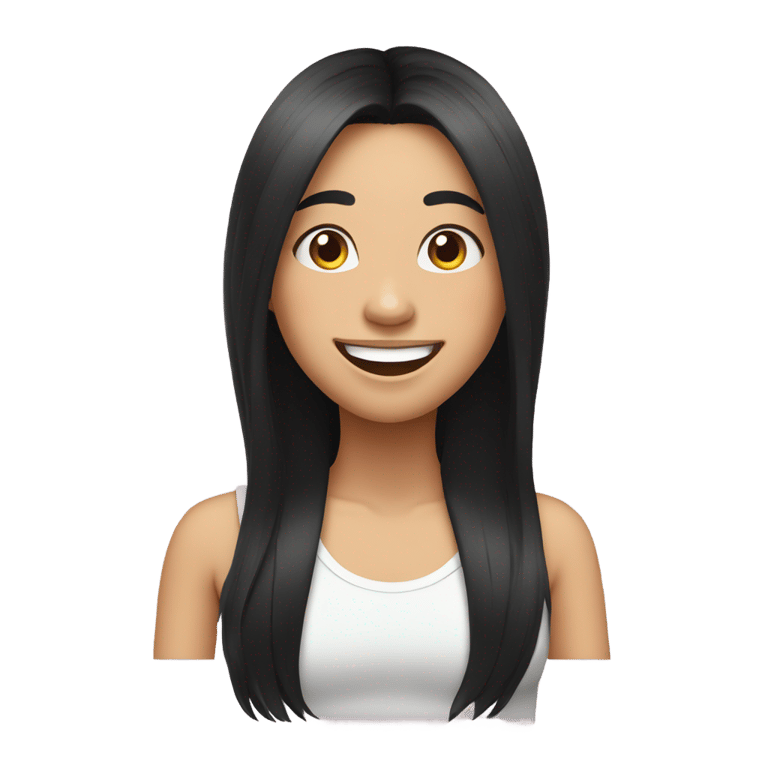 genmoji: a silly, flat girl with strait long black hair and a big cheery smile