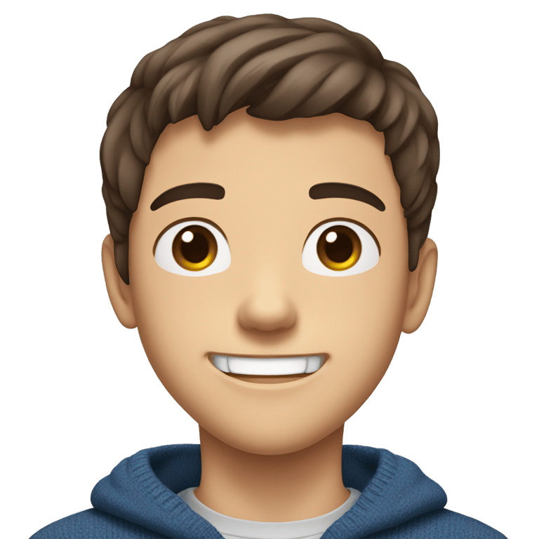 genmoji: A 15-year-old white male with dark brown hair. Middle part cut longer. Blue sweater color. Smiling brown eyes where you can see his teeth. Low angle shot stopping halfway down the stomach.