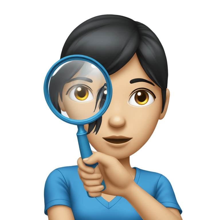 genmoji: A girl with black hair wearing blue polo t-shirt holding a magnifying glass to her eye front perspective