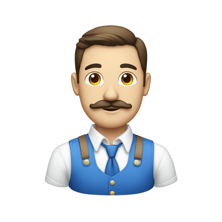 genmoji: Man with blue and white shirt, buret and small moustache