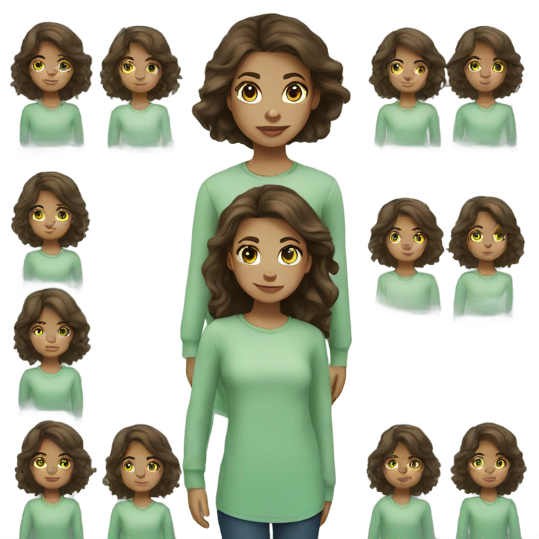 genmoji: Girl Light skin, blue eyes, dark brown hair, light green long sleeve shirt