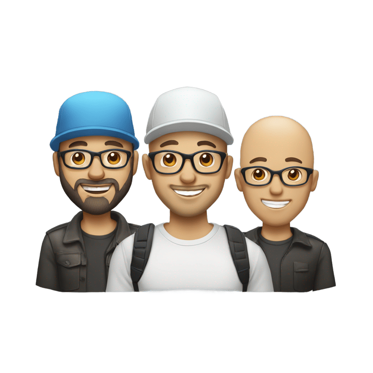 genmoji: Three men light skin tone with a birthday cake. The first man is bald,wears glasses,headphone and radio microphone. The second is a man with a beard, black hair and wearing glasses. And the third is a bald man wearing a cap.