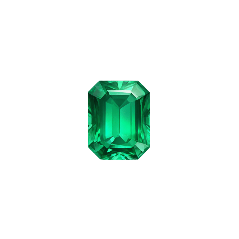 genmoji: "A single, radiant emerald gemstone with a vibrant green hue, cut into a classic rectangular shape with sharp, faceted edges. The emerald sparkles brilliantly as light reflects off its polished surface, emphasizing its clarity and luxurious appeal."