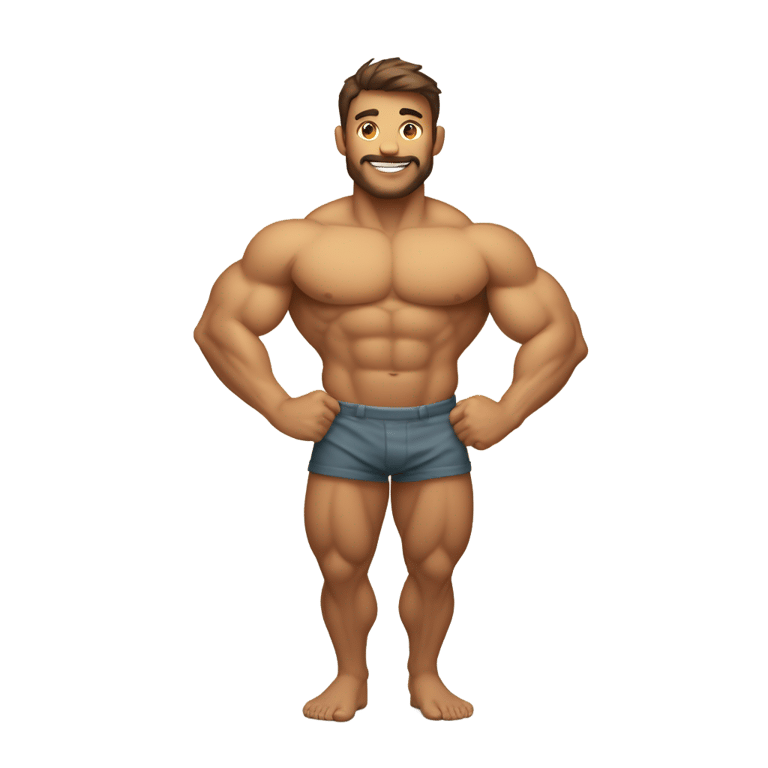 genmoji: emoji design, A full body emoji,muscular, handsome man with his arms folded, fully nude, glowing aura emanating from his lower body, partially concealing his lower half between his legs, set against a simple background, suitable for a UI icon.