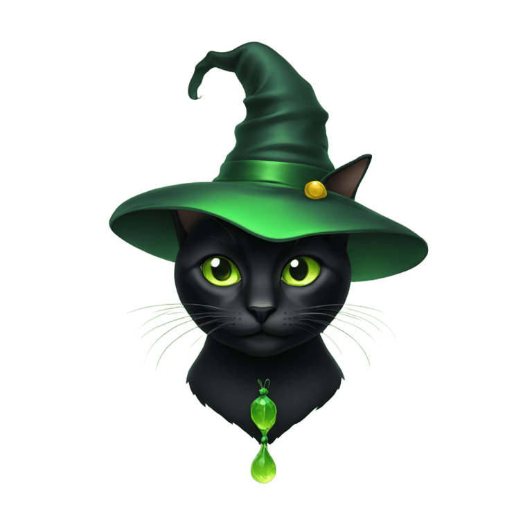 genmoji: Black cat with green witch hat