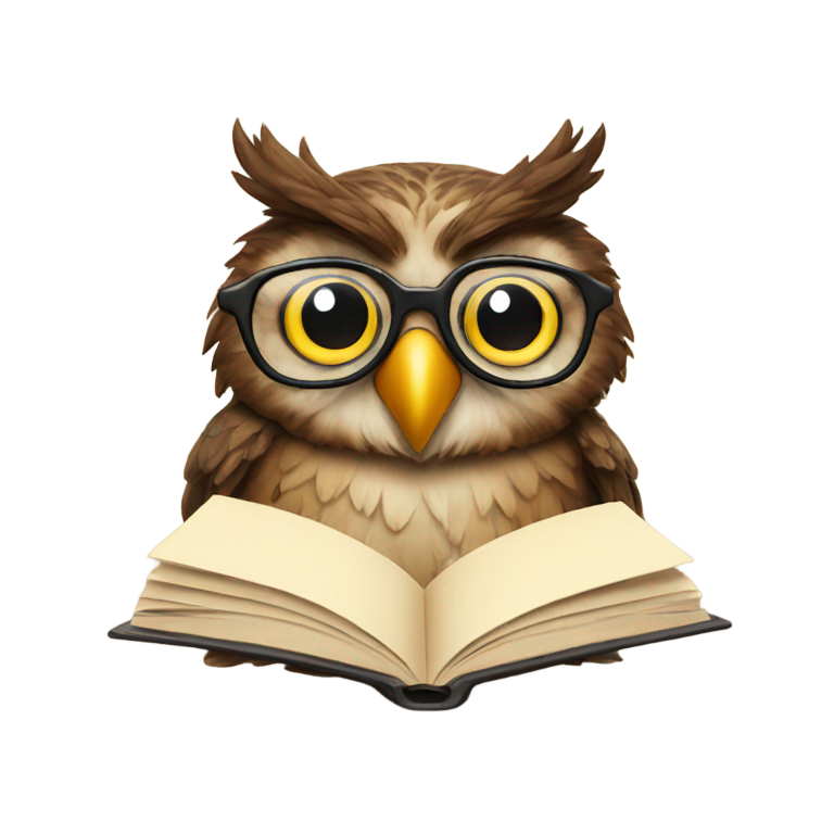 genmoji: Smiling Owl with glasses looking up from behind a book