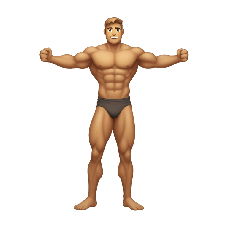 genmoji: emoji design, A full body emoji,muscular, handsome man with his arms folded, nude except for a large, glowing aura emanating from his lower body, partially concealing his lower half between his legs, set against a simple background, suitable for a UI icon.