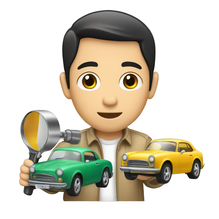 genmoji : a man with short black hair looks at a toy car with a magnifying glass