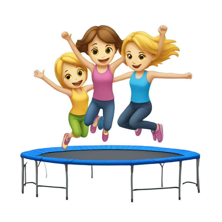 genmoji: three white female children jumping on a trampoline with a safety net