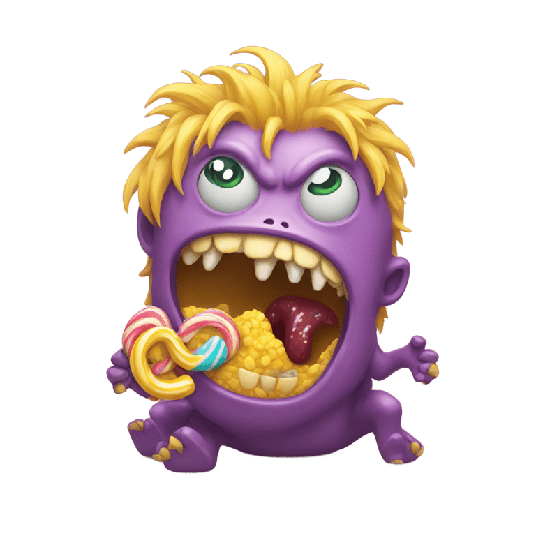 genmoji: Monster with yellow hair eating candy