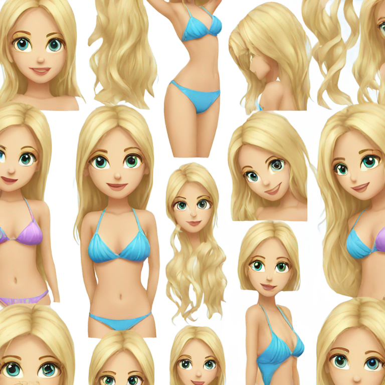 genmoji: Beautiful blonde long hair girl blue eyes  with a bikini bikini bikini