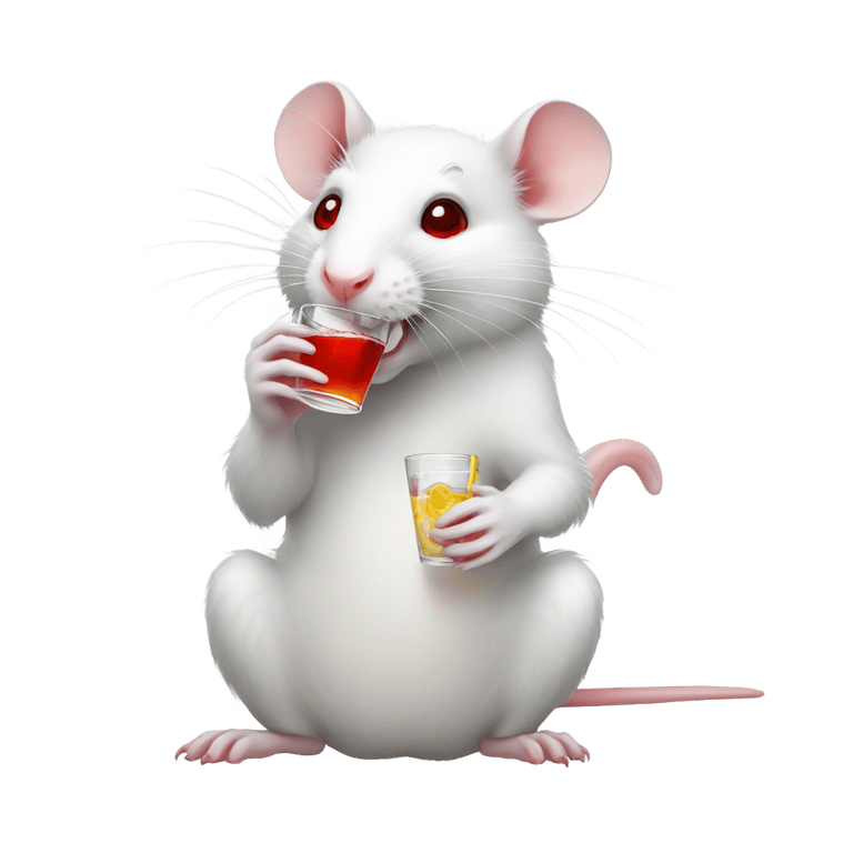 genmoji：White rat with red eyes drinking a drink