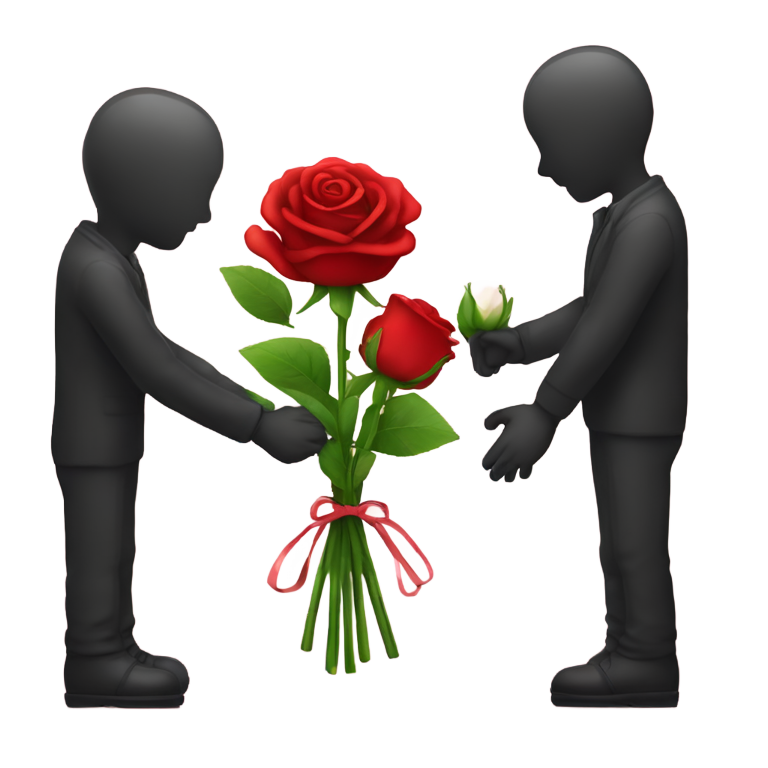 genmoji: Un homme qui tient un cœur rouge Dzns les main et une bouquet de rose