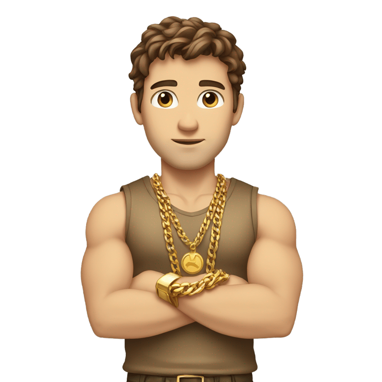 genmoji : brown hair strong Caucasian male, a gold shirt, multiple gold chains, gold wrist bands, arms crossed