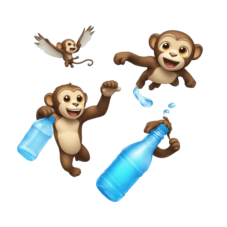 genmoji: a flying water bottle with a monkey and a cat