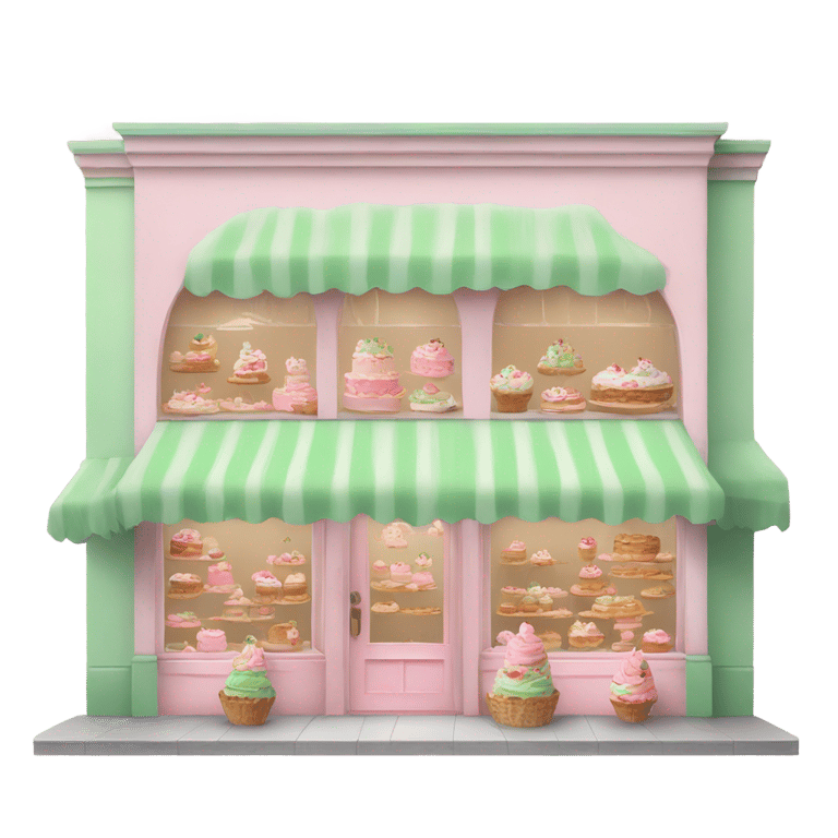 genmoji: A bakery with pastel pink and green colors and several cakes decorating the façade.