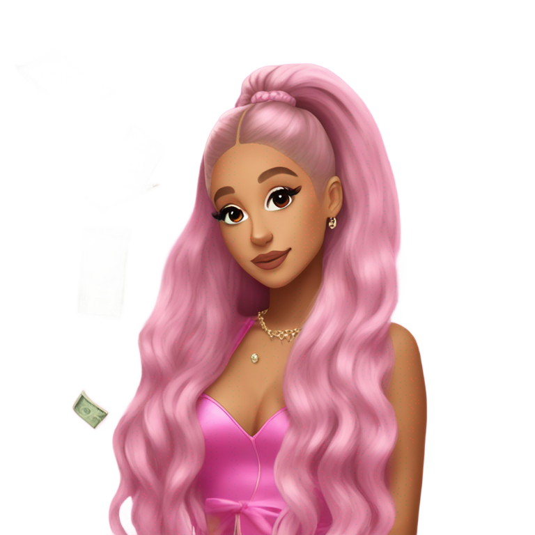 genmoji : Ariana Grande in 7 Rings pink style long hair floating diamonds and money around her