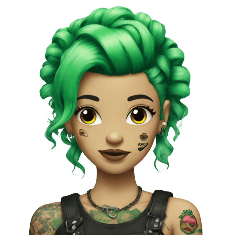 genmoji : Fille punk DIY avec cheveux ombrés verts et tatouages sur un seul bras