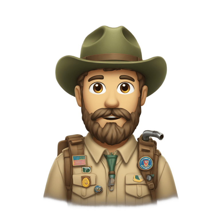 genmoji：Scout leader with bushy beard with a knfie and a pipe in his mouth