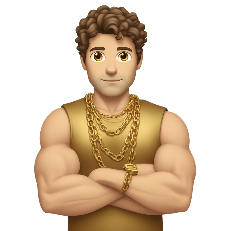 genmoji: brown hair strong Caucasian male, a gold shirt, multiple gold chains, gold wrist bands, arms crossed