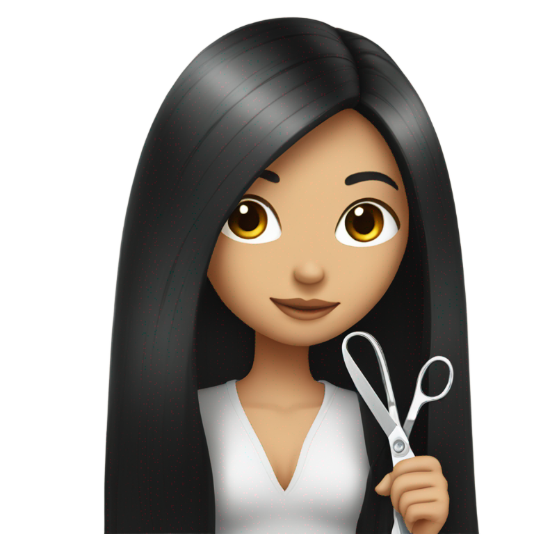 genmoji: Beautiful girl with long straight black hair holds scissors just above her shoulders