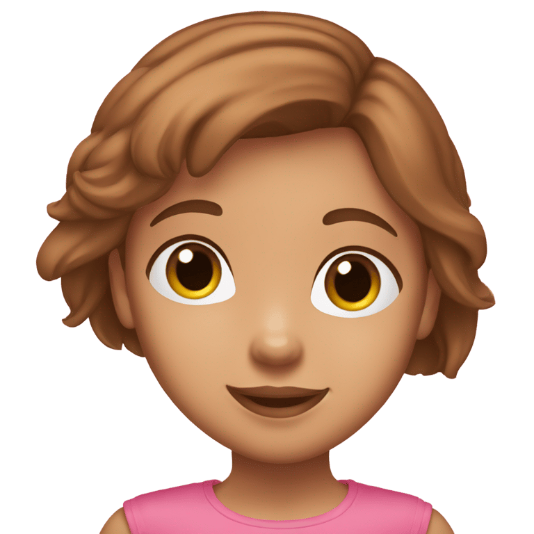 genmoji: Make a girl with an oval face, tanned white skin color, brown eyes, mouth pink, long, straight, brown hair. Make her smiling and using a tshirt dar blue