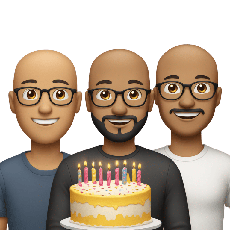 genmoji: Three men light skin tone with a birthday cake. The first man is bald and wears glasses. The second is a man with a beard, black hair and wearing glasses. And the third is a bald man wearing a cap.